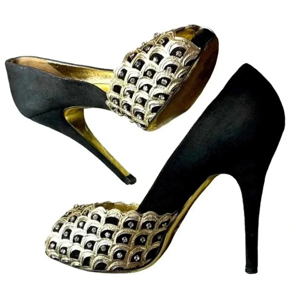 VALENTINO GARAVANI Italy 5” Navy Gold Suede Swarovski...